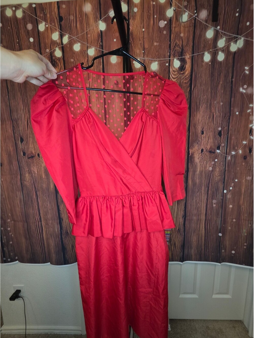 Red Polka Dot Mesh Puff Sleeve Peplum Dress
